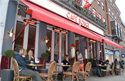 Cafe Rouge shadow patio heaters under awning