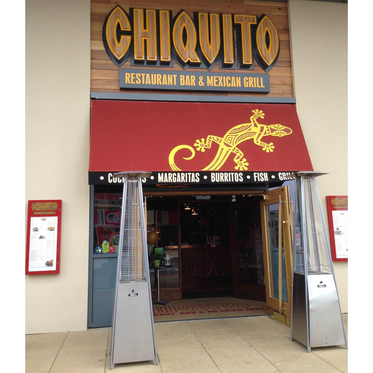 Pair of Athena Plus+ Pyramid Patio Heaters outside Chiquito bar