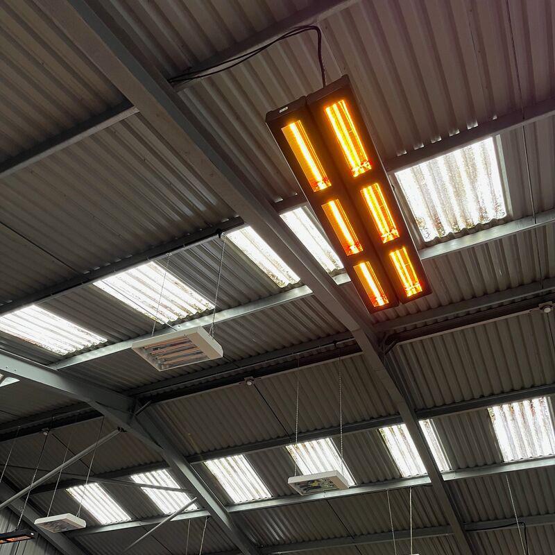 Shadow Infinity 12kw Industrial infrared heaters in a warehouse